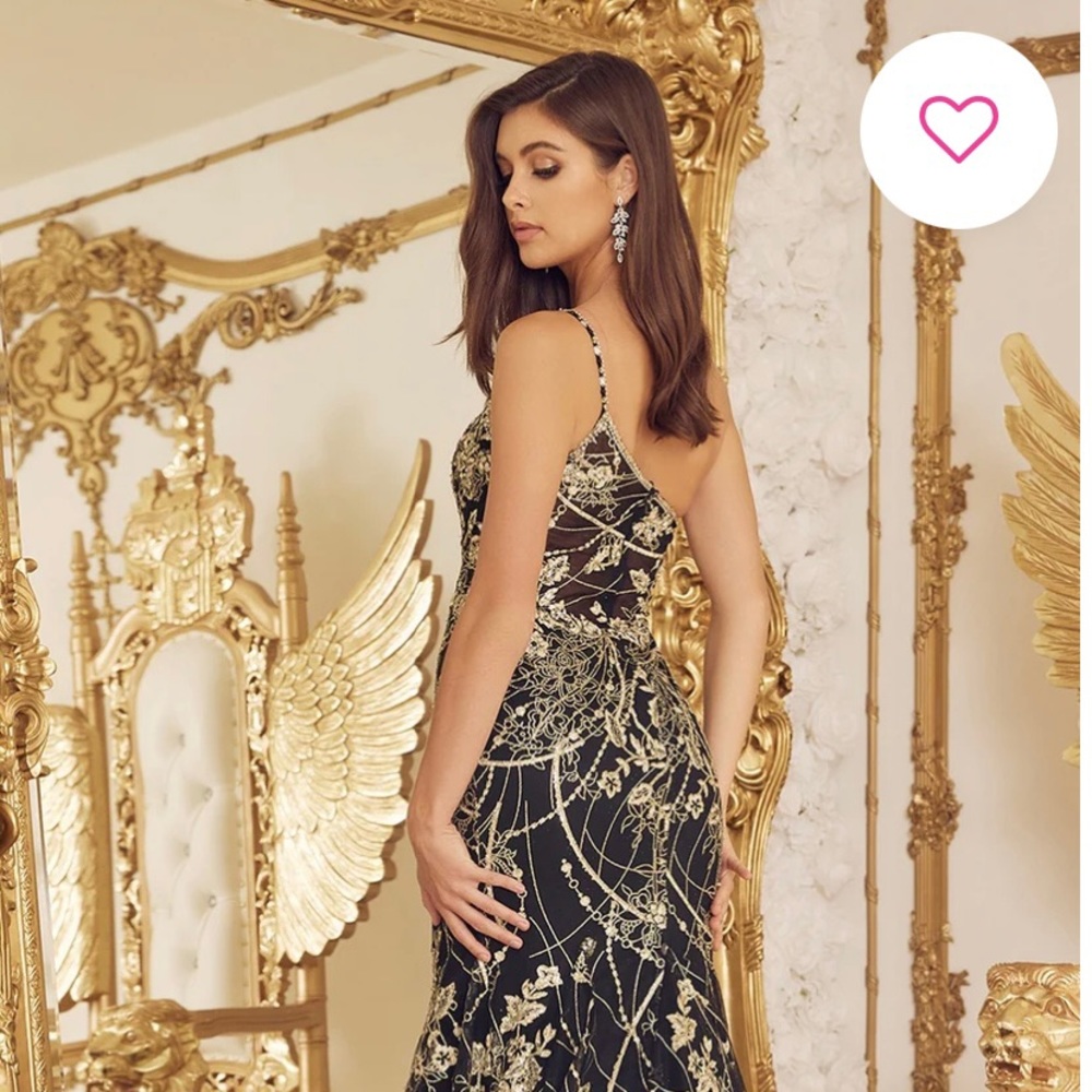 One Should Long Black and Gold Shoulder Dress